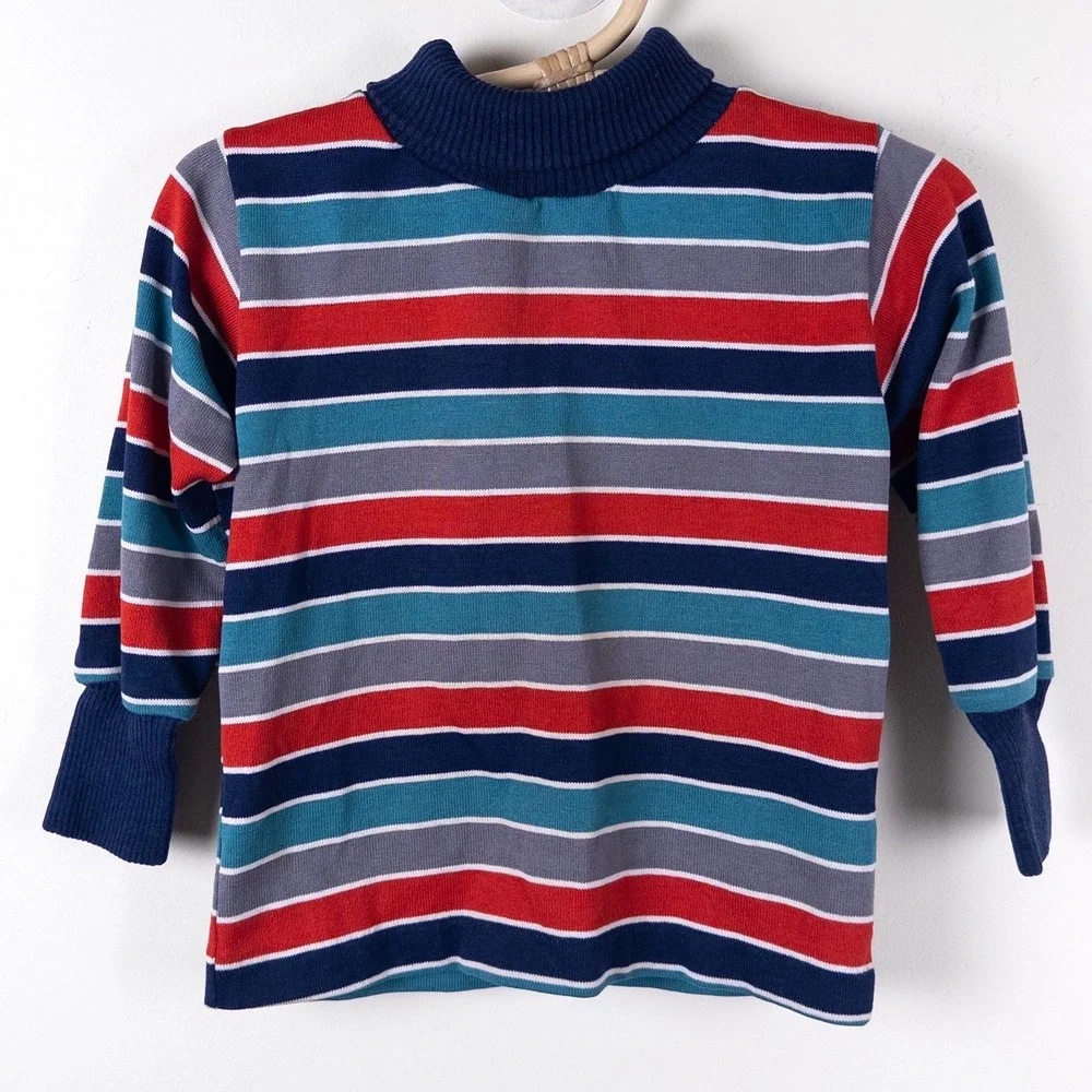 Vintage Health-tex Striped Turtle Neck Top 90s Navy Red Teal Made in USA Kids 3T